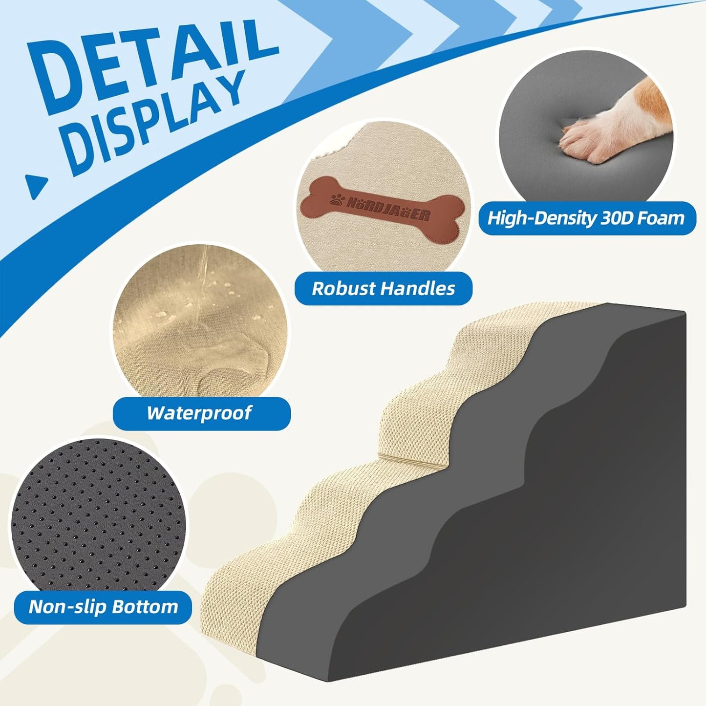 Dog Stairs 4 Steps for Small Dogs and Cats to Get on High Beds, Couch or Car, Pets Can Climb, Sit, Lie Down or Perch to Look Out Windows on The Spliceable Ramp, Provides Support, Beige（19" H）