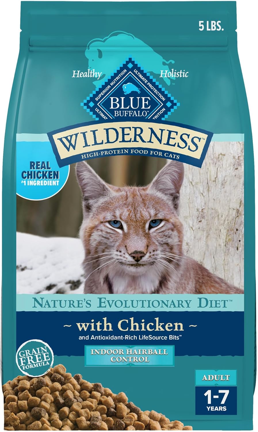 Blue Buffalo Wilderness High Protein Indoor Hairball Control Chicken Dry Cat Food for Adult Cats, Grain-Free, 5 lb. Bag