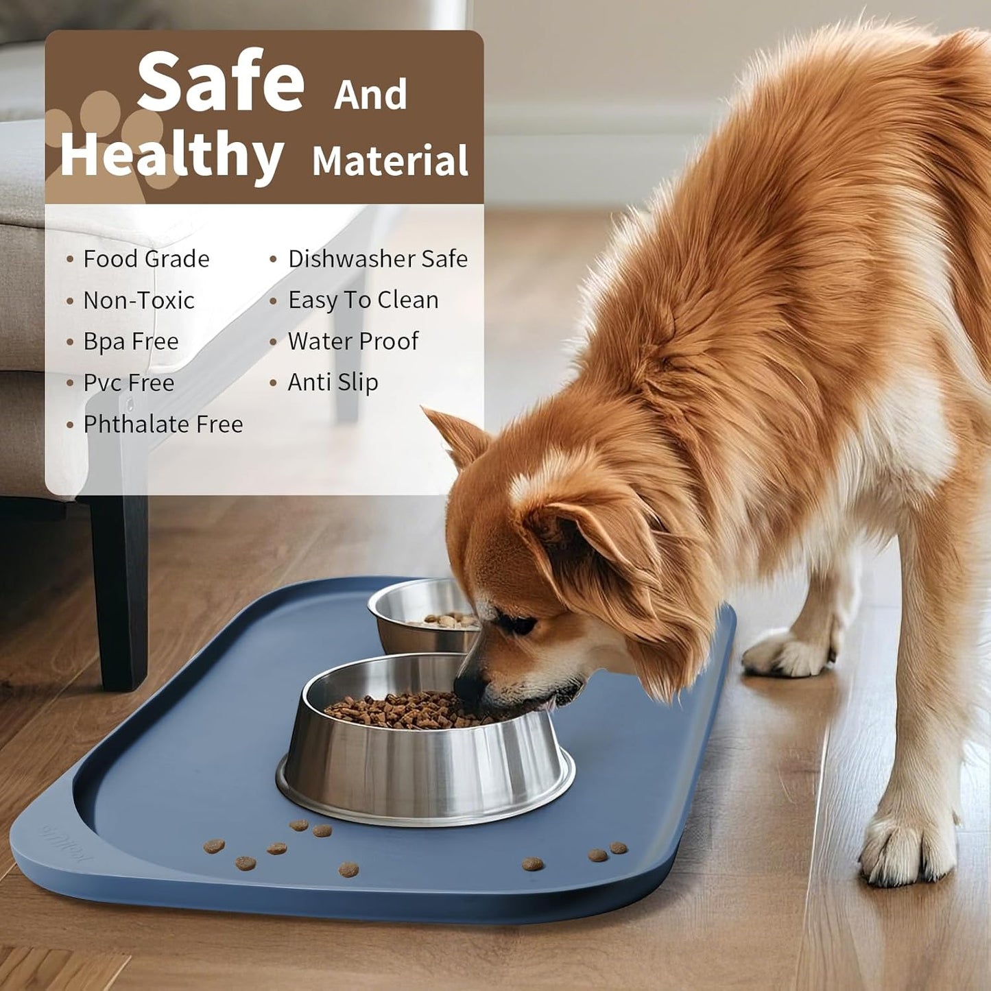 Silicone Pet Feeding Mat with Raised Edge & Residue Collection Pocket for Food and Water, Dog Bowl Mats, Cat Bowls Placemat with High Lip for Floor Waterproof, 19 x 12 x 0.7 Slate Blue