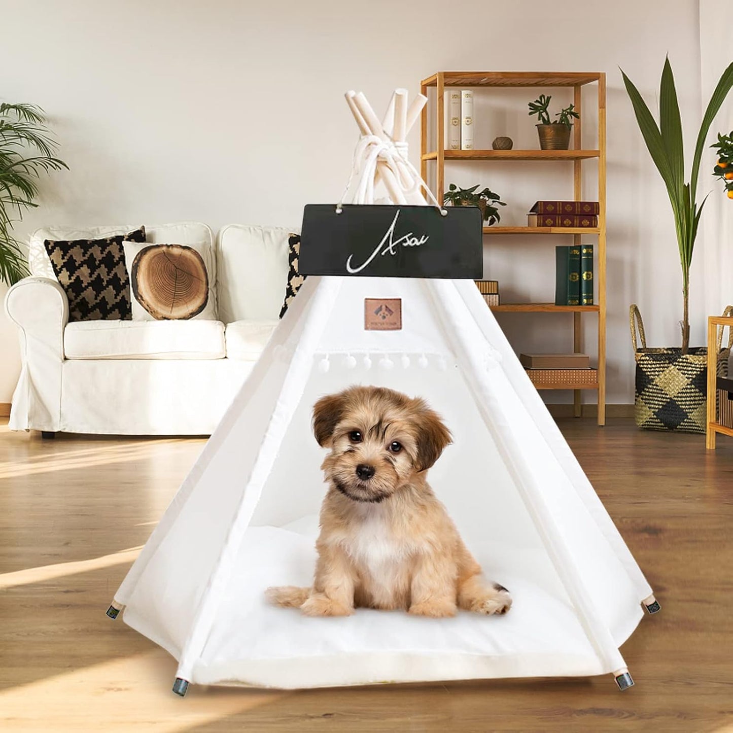 Dog Teepee Pet Tent Portable Dog Houses Puppy Teepee Cat Bed with Thick Cushion