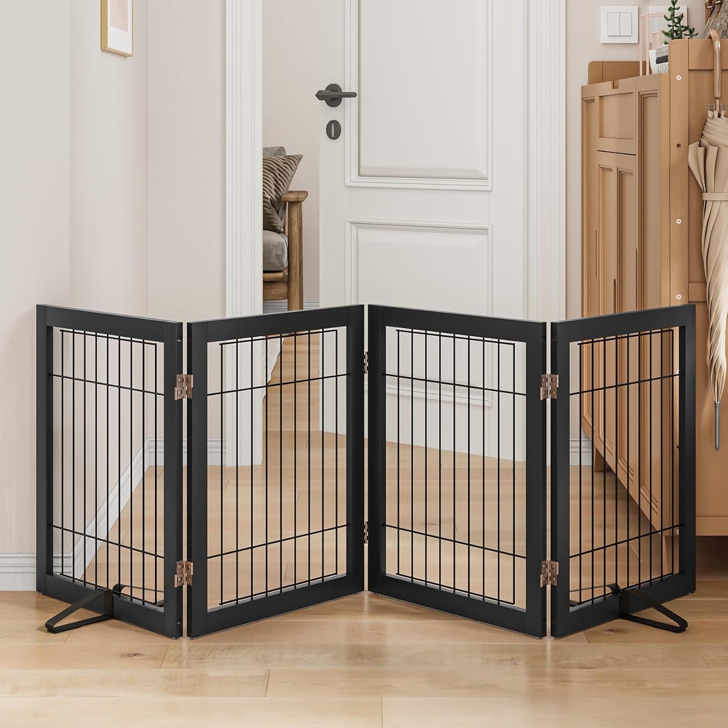Dog Gate Wire Dog Gates for House Doorways Stairs 24-Inch Freestanding Pet Gate Puppy Fences Indoor (4 Panel, Black)