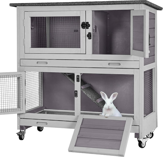Rabbit Hutch Indoor Outdoor, Bunny Cage with Casters, Guinea Pig Cage Bunny Hutch with Two Plastic Trays 36inch