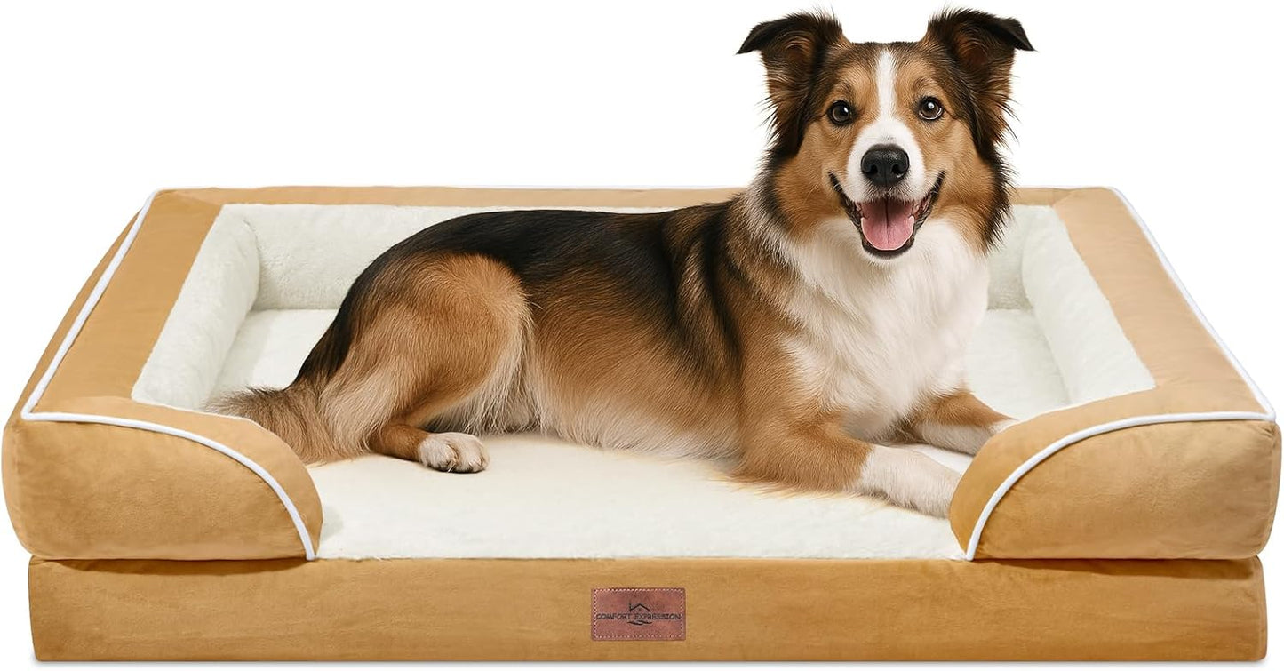 Comfort Expression Large Dog Beds Waterproof Orthopedic Foam Dog Sofa Beds Comfy Pet Bed with Washable Removable Cover & Non-Slip Bottom(Large,Khaki)