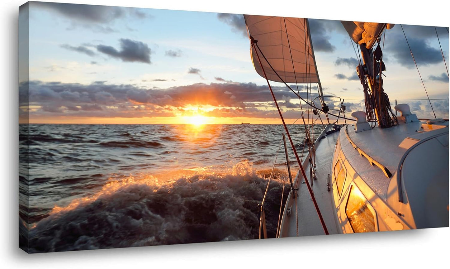 Yacht Sailing in Sea at Sunset Scenery Canvas Wall Art for Living Room Bathroom,Close-up View of Deck Mast Sails Picture Print Artwork Painting Decor,Epic Seascape Scenic Landscape,Inner Frame 30x60