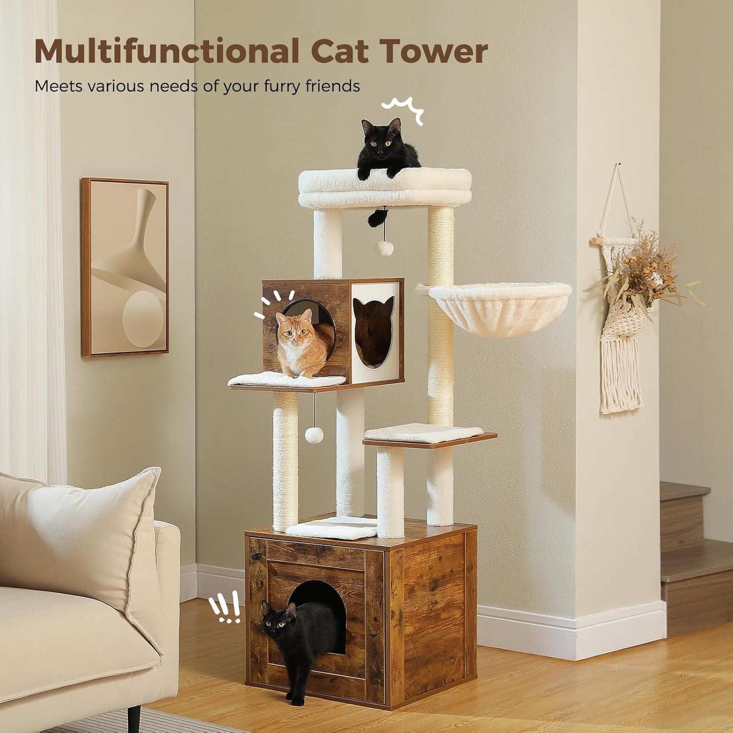 PEQULTI 57.5" Cat Tree with Litter Box Enclosure Large, Wood Cat Tower for Indoor Cats with Storage Cabinet and Cozy Cat Condo, Sisal Covered Scratching Post and Repalcable Dangling Balls, Brown