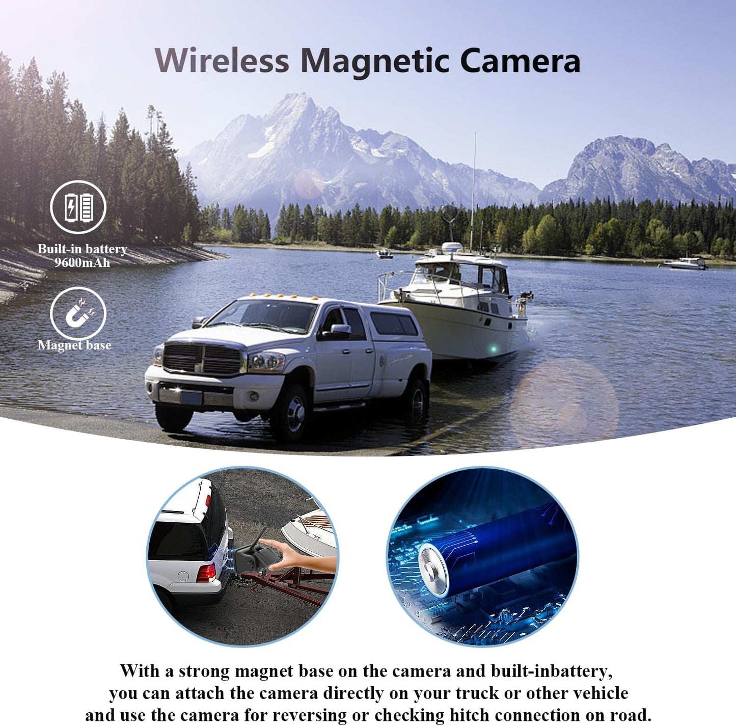 WiFi Magnetic Wireless Backup Camera, LASTBUS Rechargeable 2.4Ghz WiFi Rear Camera for Easy Hitching Gooseneck Horse Boat Travel Trailer Fifth Wheels RV Camper for iPhone iPad Android iOS Smartphone