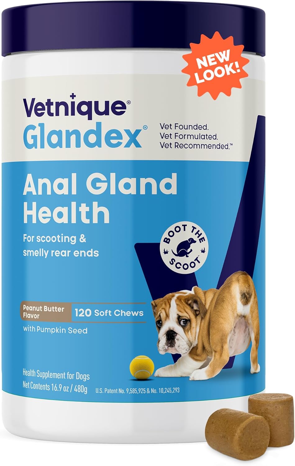Vetnique Glandex Anal Gland Soft Chew Treats with Pumpkin for Dogs Digestive Enzymes, Probiotics Fiber Supplement for Dogs Boot The Scoot (Peanut Butter Chews, 120 Count)