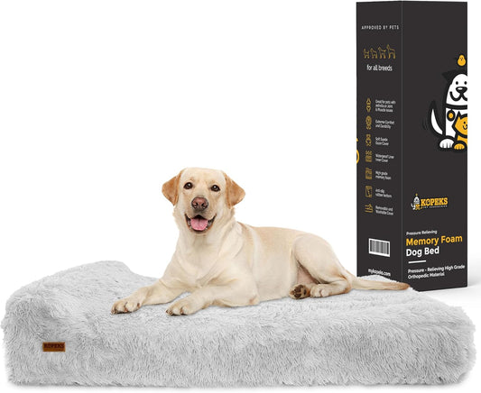 KOPEKS Orthopedic Memory Foam Dog Bed 7" Inch Thick Extra Large Dog Bed with Pillow Fluffy Grey 50"x34"x10" Includes Waterproof Liner & Durable Removable Cover with Smart Design