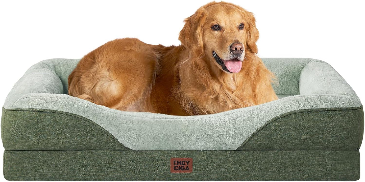 EHEYCIGA Memory Foam Dog Bed for Large Sized, Orthopedic Dog Sofa with Sides and Waterproof Liner, Washable Bolster Pet Couch with Removable Cover, 41x27x7.5 Inch, Green