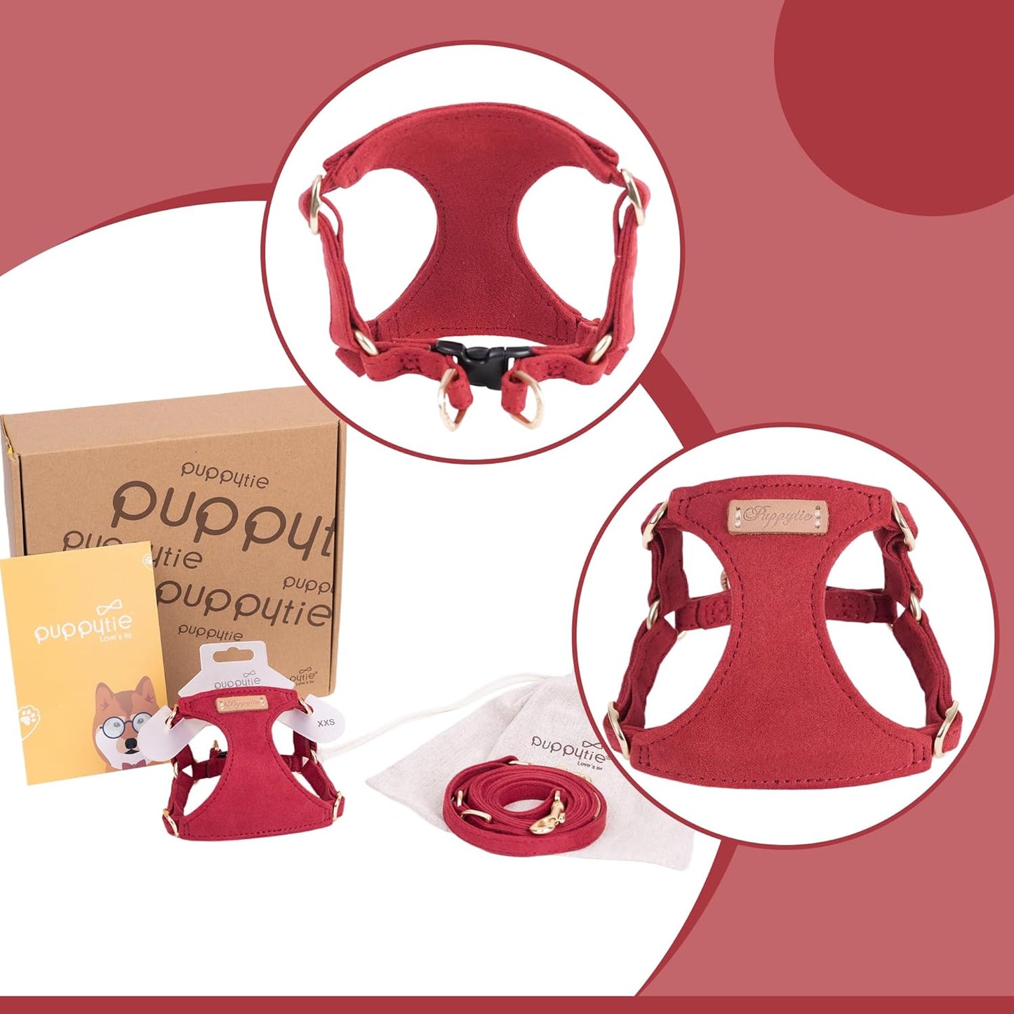 Puppytie No Pull Dog Harness with Multifunction Dog Leash,Soft Adjustable No Choke Escape Proof Pet Harness Vest for Medium Dogs or Large Dogs,red Hawthorn,M