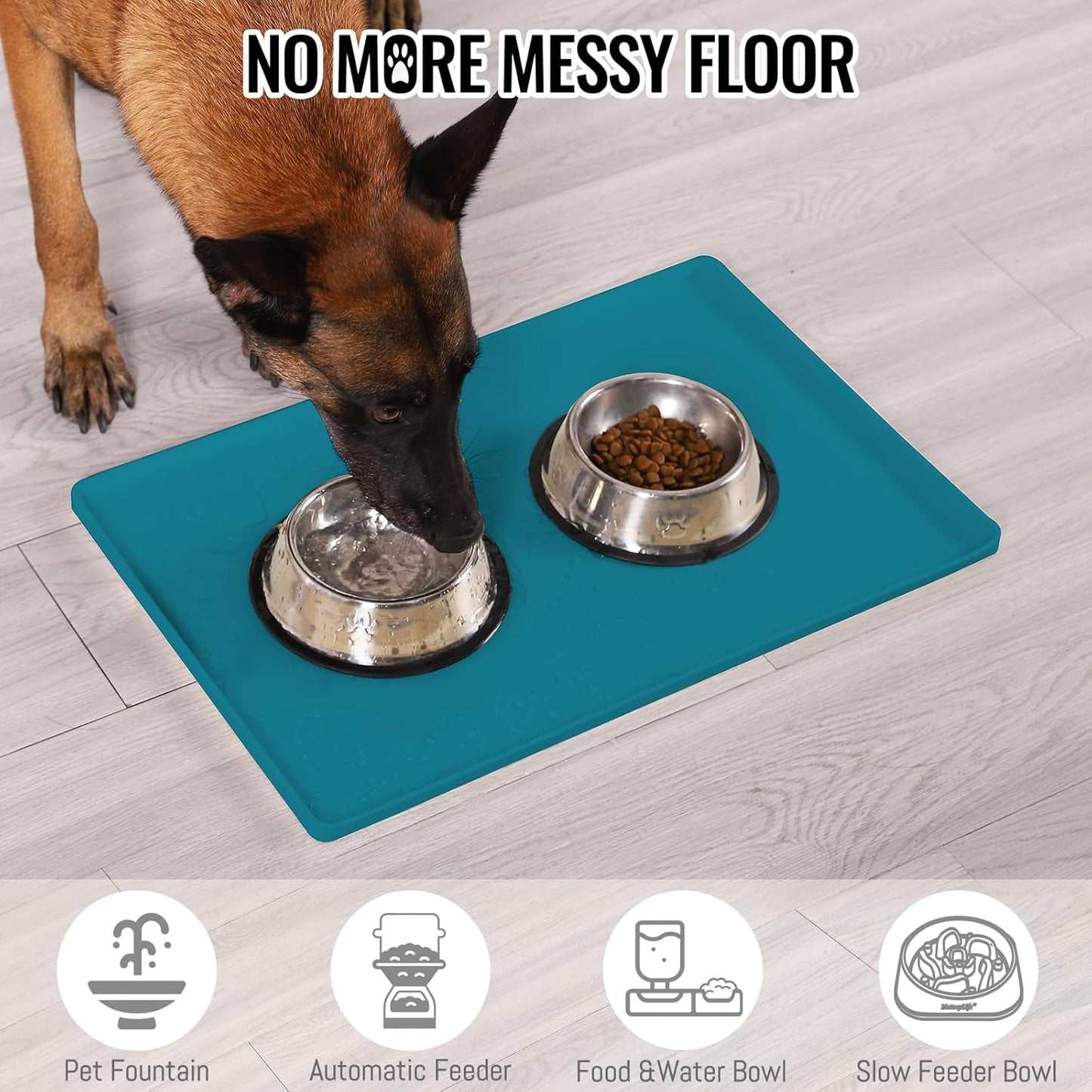 MateeyLife Dog & Cat Food Water Mat for Floors Waterproof, Nonslip Pets Bowl Feeding Mats with Raised Edges, Silicone Matt Tray for Messy Drinkers, 18"x12", Teal