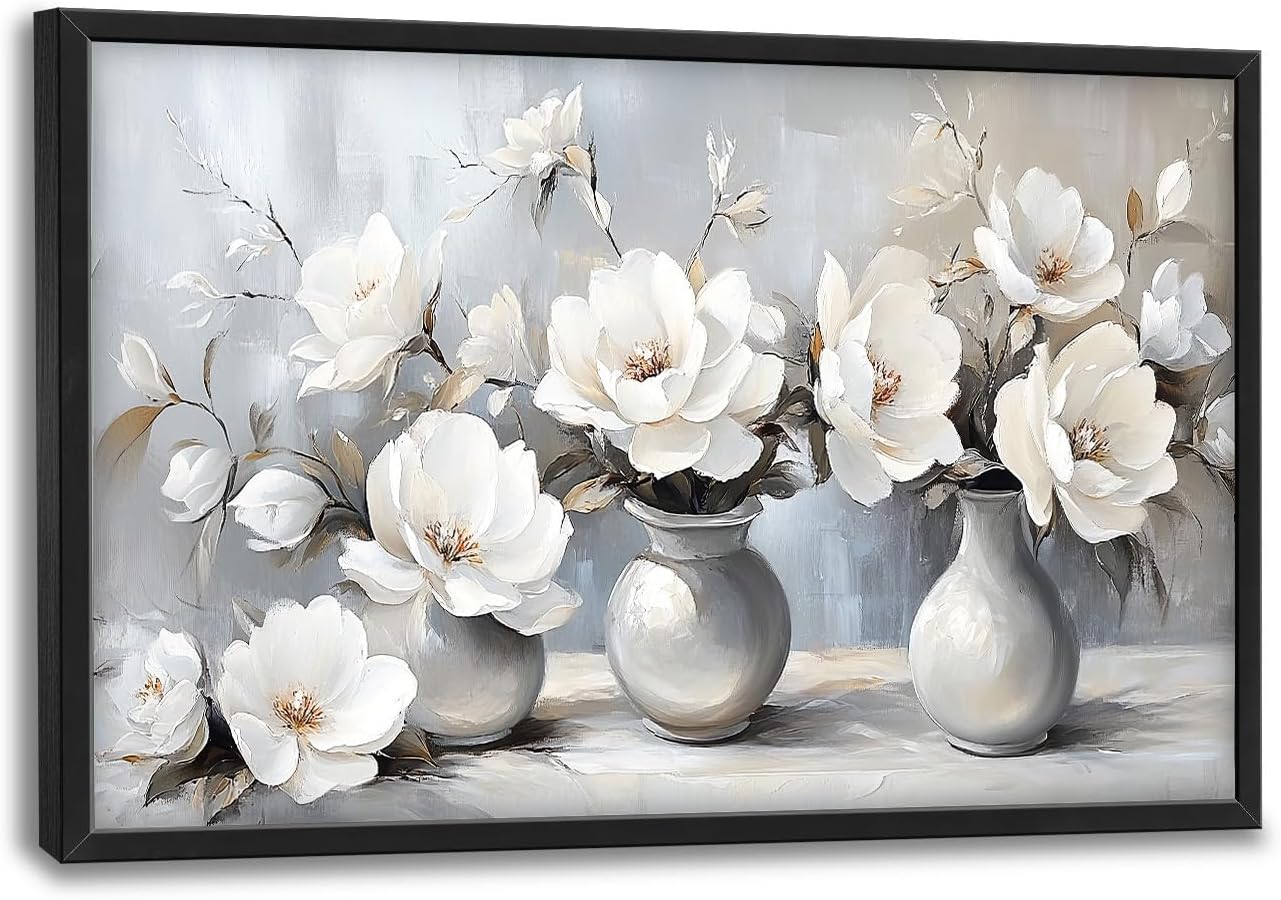 Large Farmhouse Floral Wall Art for Living Room, Framed Oversized White Flower Vase Wall Decor Grey Floral Canvas Painting Pictures Modern Artwork for Bathroom Bedroom Office Dining Room 36"x24"