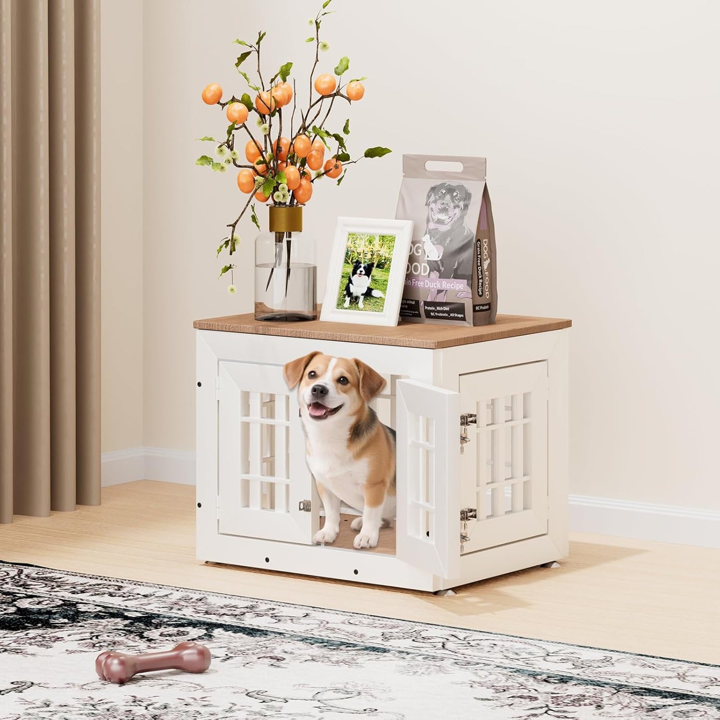 26" Heavy Duty Dog Crate Furniture for Small,Medium and Large Dogs,Rustic Wooden Dog Cage Kennel Indoor Furniture with Waterproof Top,Decorative Pet House Side End Table (White & Wood)