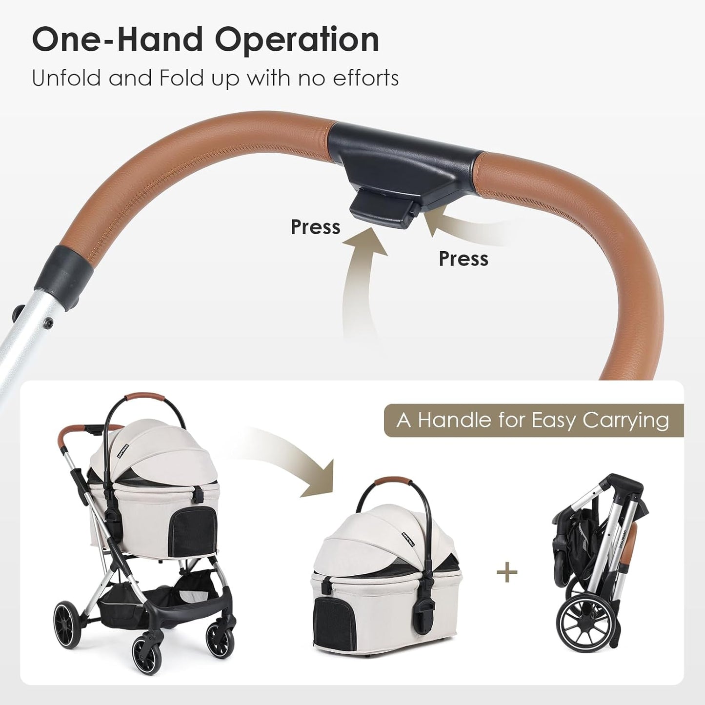 T6 Luxury Pet Stroller for Medium Dogs Up to 66lbs or 2 Small Pets – 3-in-1 Dog & Cat Stroller with Removable Carrier, Foldable & Lightweight (Beige)