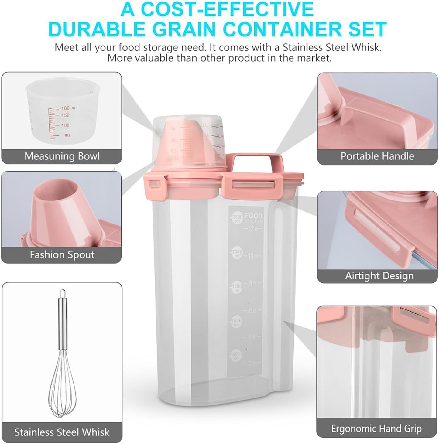 Rice Airtight Dry Food Storage Containers, BPA Free Plastic Storage Bin Dispenser with Pourable Spout, Measuring cup for Cereal, Flour and Baking Supplies, Include a Stainless Steel Whisk