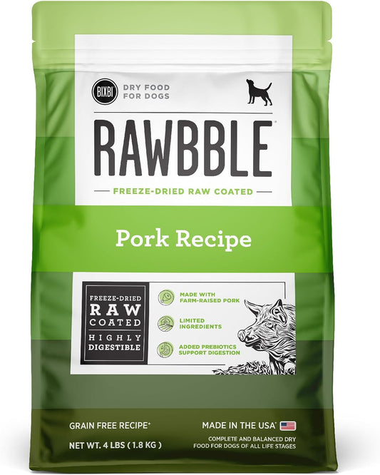 BIXBI Rawbble Dry Dog Food, Pork, 4 lbs - USA Made with Fresh Meat - No Meat Meal & No Corn, Soy or Wheat - Freeze Dried Raw Coated Dog Food - Minimally Processed for Superior Digestibility