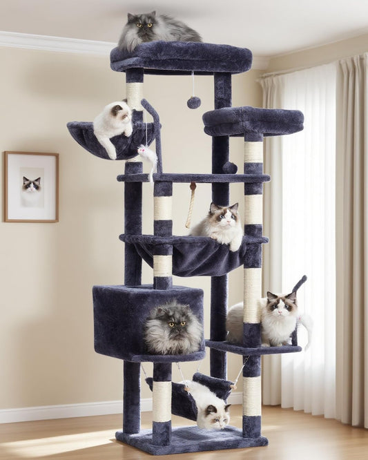 Cat Tree, Cat Tower for Large Cats with 2 Big Platforms, 2 Baskets, condo and Toys, 63" Cat Scratching Posts for Indoor Cats, Smoky Gray GCT020G