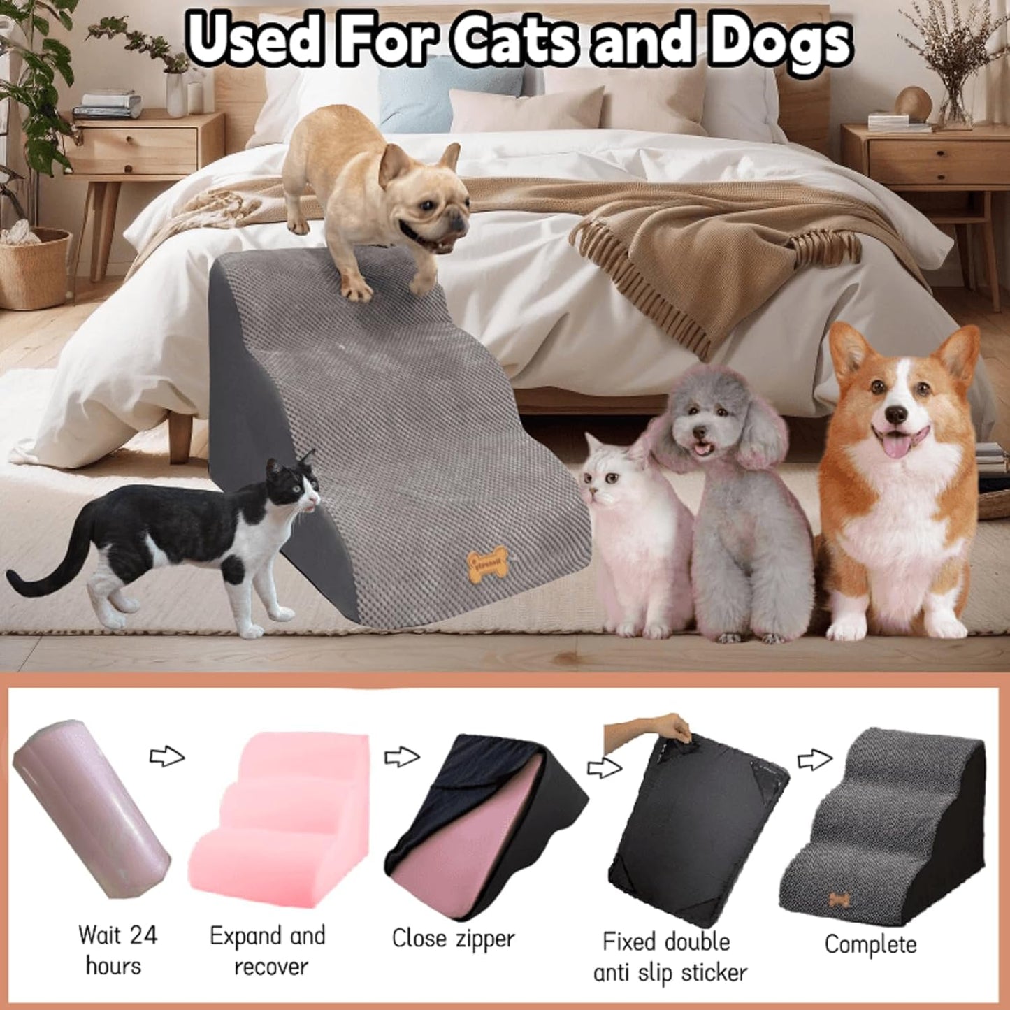 Dog Stairs to high beds, 3-step dog stairs for dogs to get on bed couch high 16"-20 inch, dog pet stairs for small large dogs cats climbing to bed, Non-Slip balanced doggy Grey (23.7*15.8*15.8 IN 33D)