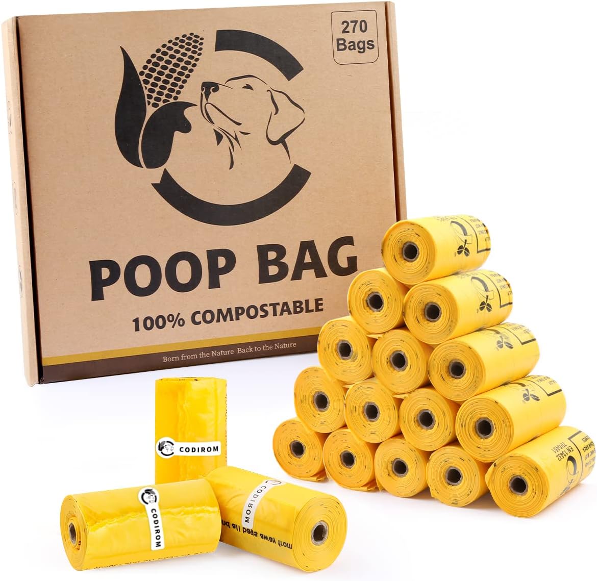 Certified Compostable Dog Poop Bags, 270 Count Landfill Friendly and Leakproof Waste Bags, Easy Open Unscented Maize Yellow Poop Bag for Dog, 15 Doggy Bags Per Roll (18 rolls)