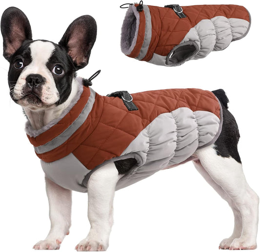 FUAMEY Dog Coat for Small Dogs,Waterproof Dog Winter Jacket with Harness Built in Puppy Cold Weather Coats Reflective Pet Vest with Zipper Warm Fleece Dogs Snowsuit Windproof Brown XS