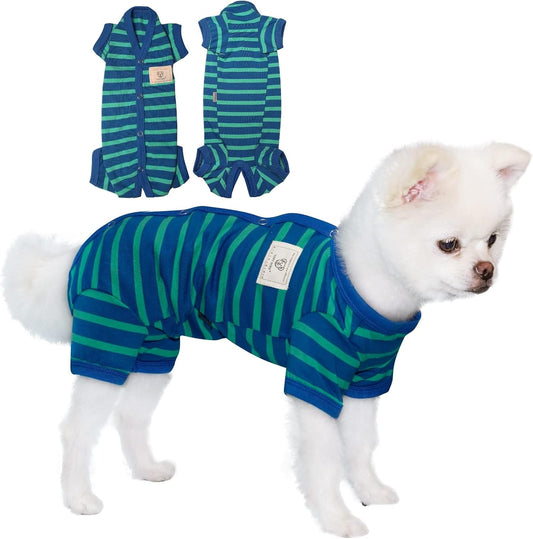 TONY HOBY Dog Pajamas for Medium Small Dogs, Dog Jumpsuit with Stripes 4 Legged Pajamas, Soft Dogs Pet Clothes (Blue&Green, Girl, XS)