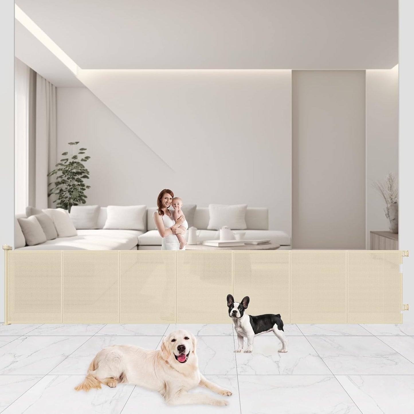 Upgrade 120" Retractable Baby Gates Extra Wide with Reinforced Strip, 10 FT Retractable Dog Gate, 41" Tall Retractable Gate Indoor Outdoor for Pet and Baby-Beige