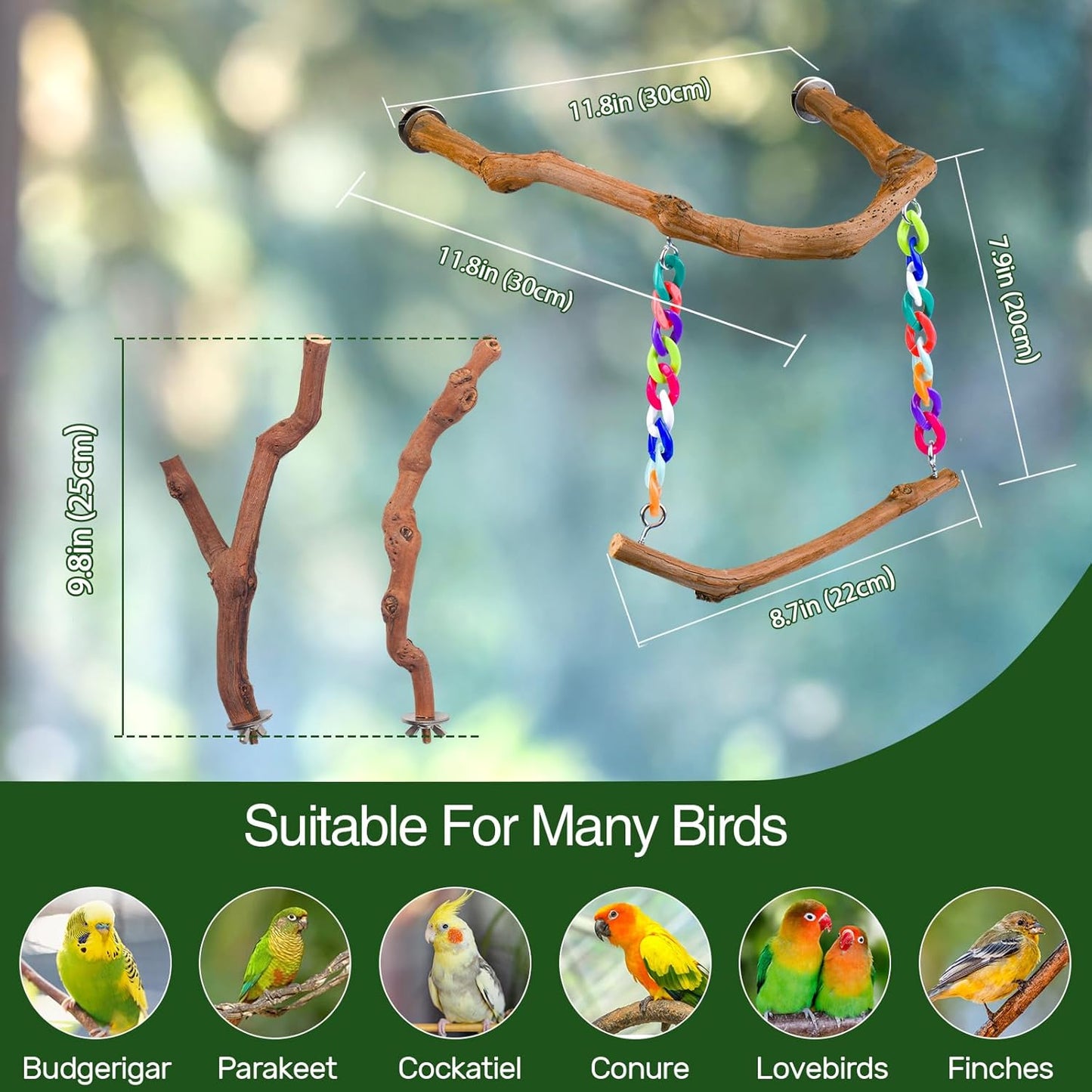 Bird Swing Toys, Standing Bird Perch with Natural Grape Wood, U Shape Hangable Birdcage Accessories, Birds Chewing Toy for Budgerigars, Parakeets, Cockatiels, Conures, Lovebirds, Finches (3Pack)
