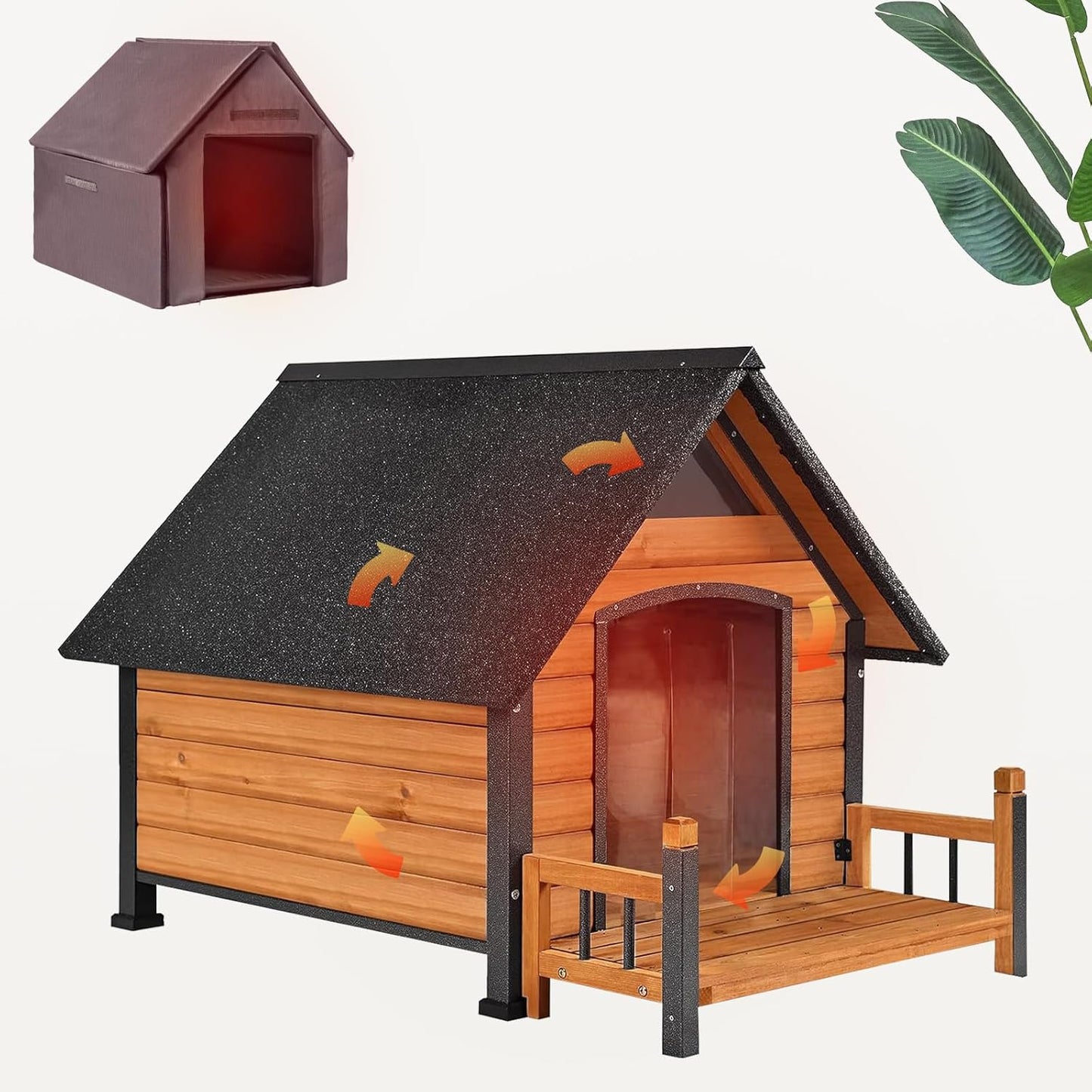 Dog House with Insulated Liner Outdoor Indoor All-Around Iron Frame Design Dog House with Porch＆Raised Feet for Small Medium Large Dogs（Brown）