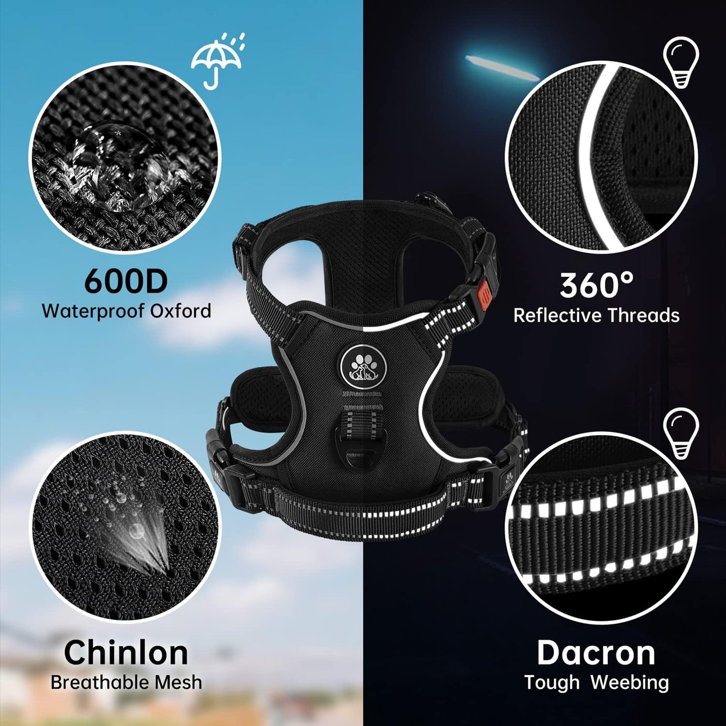 NESTROAD No Pull Dog Harness,Adjustable Oxford Dog Vest Harness with Leash,Reflective No-Choke Pet Harness with Easy Control Soft Handle for Large Dogs(X-Large,Black)