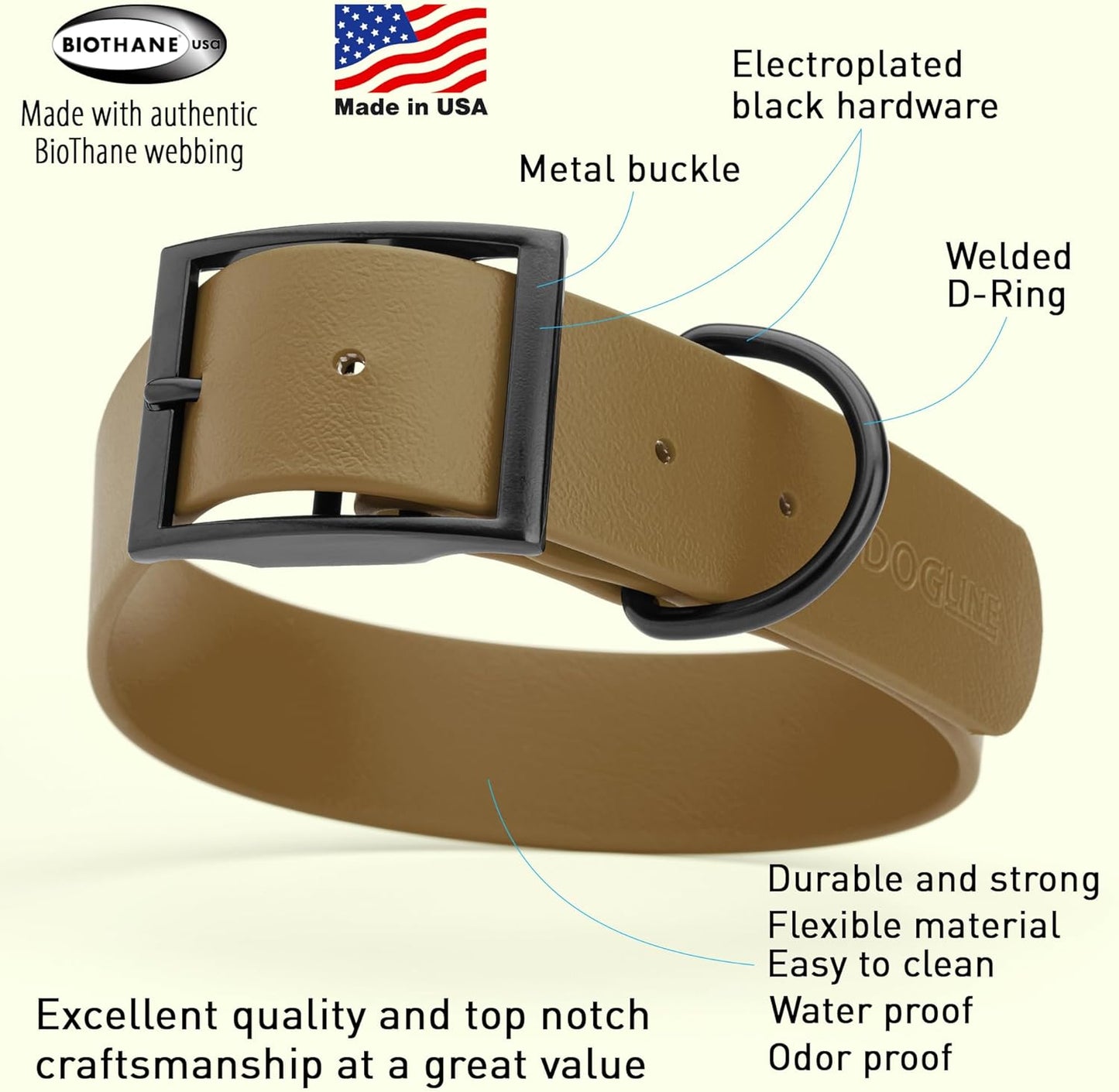 Dogline Biothane Waterproof Dog Collar Strong Coated Nylon Webbing with Black Hardware Odor- Proof for Easy Care Easy to Clean High Performance Fits Small Medium or Large Dogs, Coyote Brown