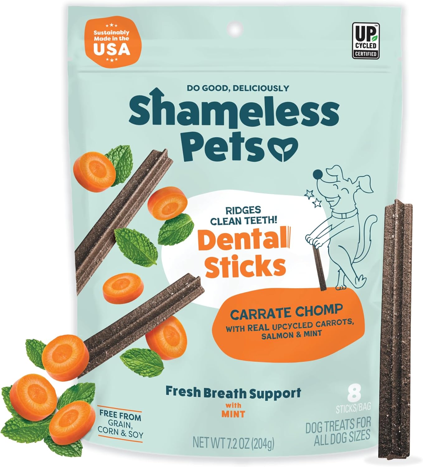 Shameless Pets Dental Treats for Dogs, Carrate Chomp - Healthy Dental Sticks with Skin & Coat Support for Teeth Cleaning & Fresh Breath - Dog Bones Chews Free from Grain, Corn & Soy