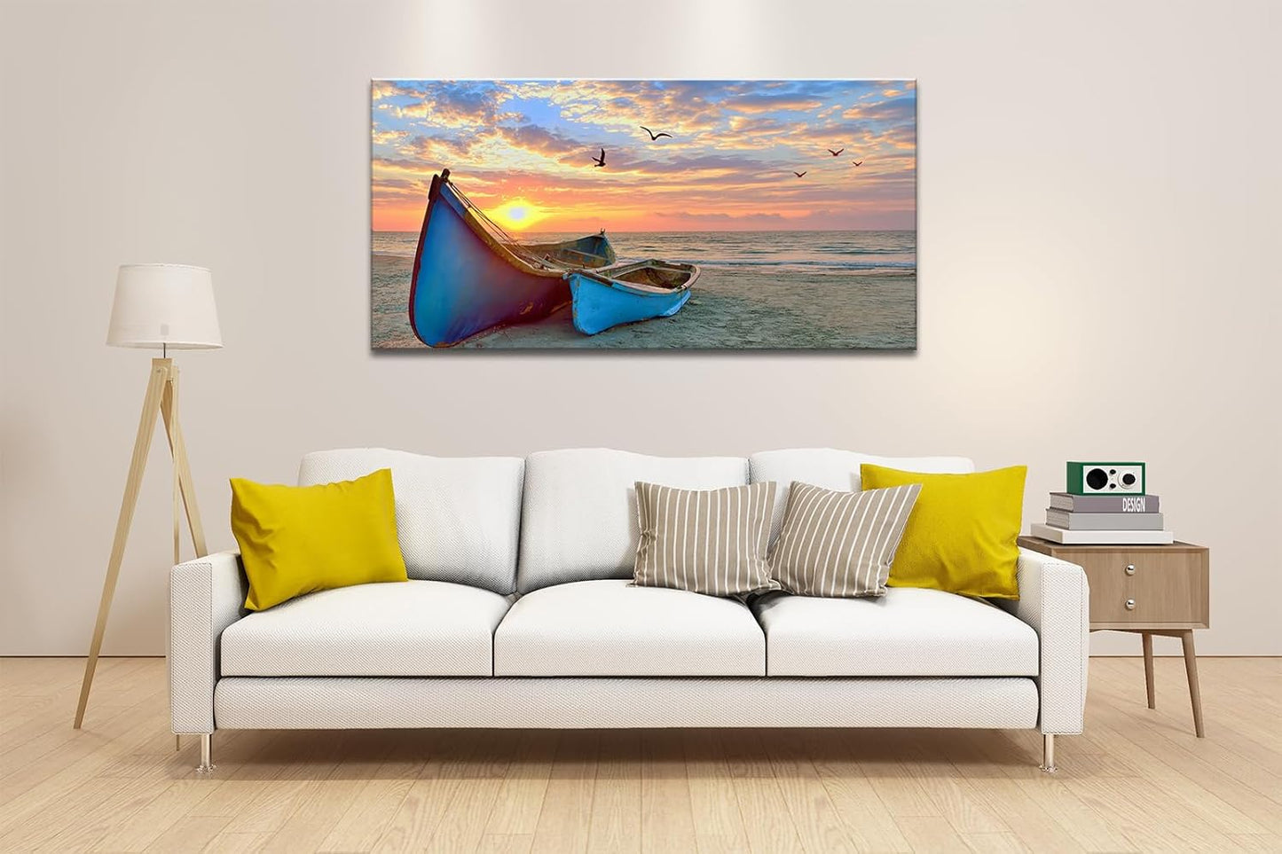 weiyiart Beach Wall Art Decor for Living Room Ocean Boat Canvas Picture for Wall Gold Sunset Painting for Bedroom Seascape Theme Art Print for Bathroom Home Office Decoration Ready to Hang 24x48 Inch
