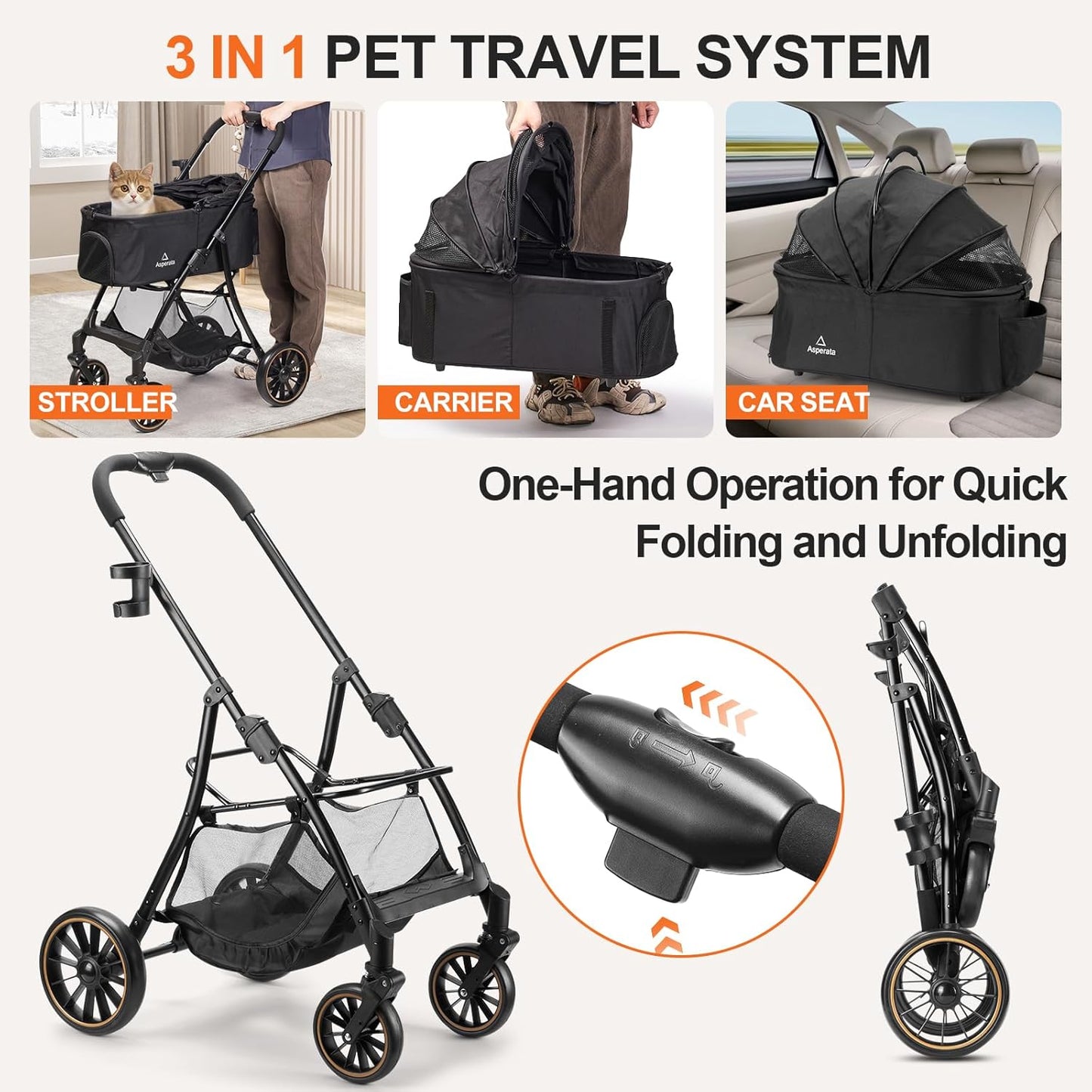 Pet Stroller for Small/Medium Dogs & Cats up to 55 lbs, Upgraded 4 Wheels Dog Stroller for Large Dogs, 3-in-1 Foldable Portable Travel Carrier for 2 Cats with Storage Basket and Cupholder