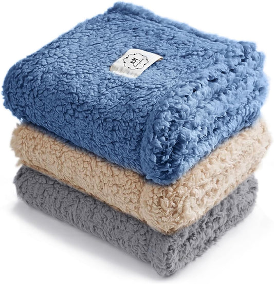 Luciphia 1 Pack 3 Calming Dog Blanket Fluffy Premium Fleece Pet Blankets Soft Sherpa Throw for Dogs Puppy Cat Grey/Beige/HazeBlue Small (23" x16")