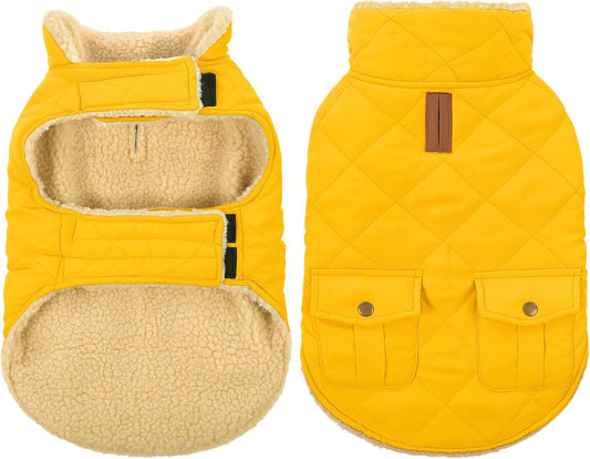 Queenmore Dog Winter Coat Warm Puffer Jacket Waterproof Plush Lining Thermal Cold Weather Vest for Small Medium Large Dogs, Windproof Easy On Pet Jacket Yellow XS