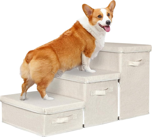 Pet Stairs with Storage, Pet Step for Small Dogs and Cats, 3-Step Folding Pet Steps with Zip, Cat Stairs Dog Steps for Bed, Couch and Car Ramp (Beige, 3 Steps no Condo)