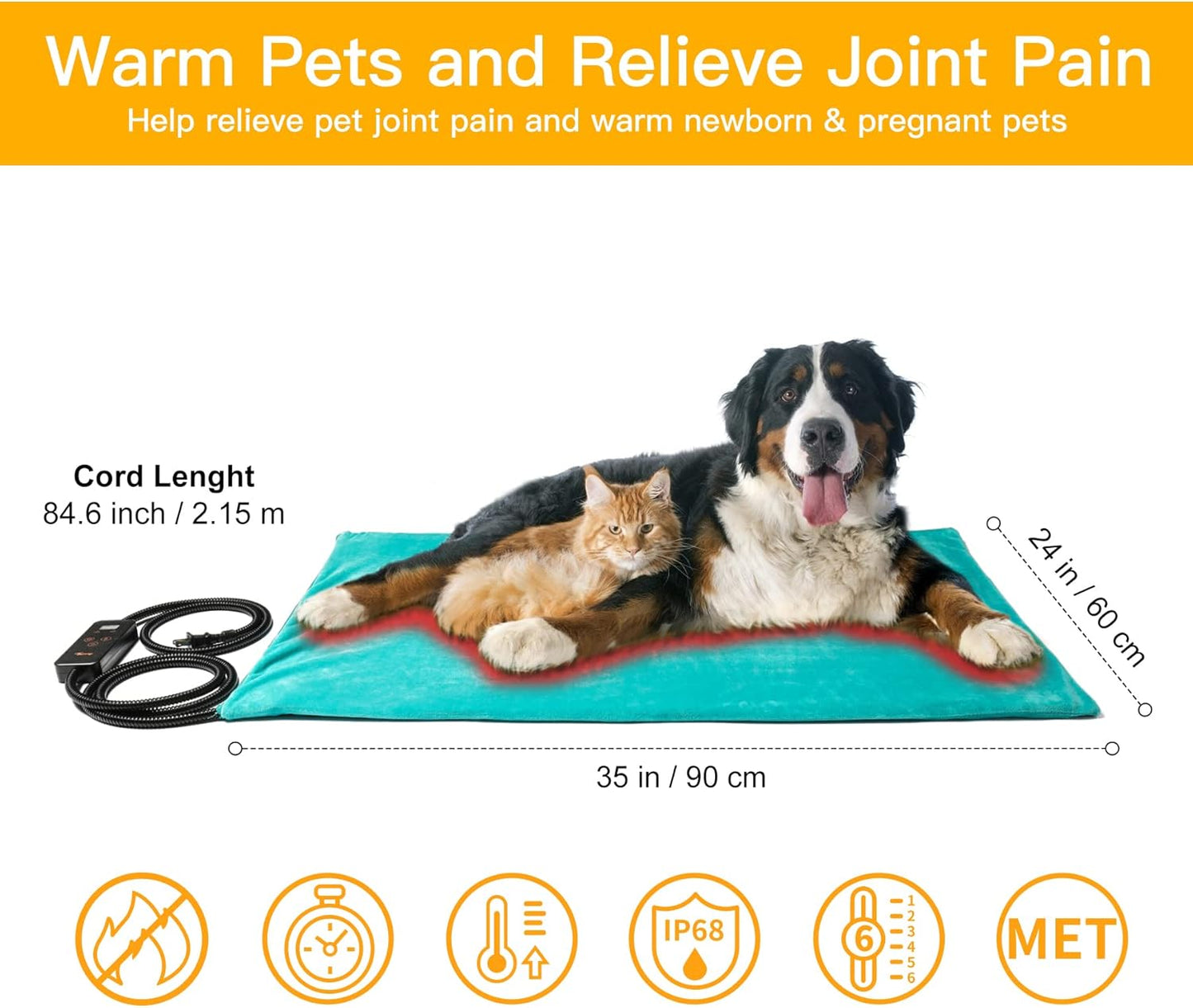 Toozey Large Pet Heating Pad, 6 Adjustable Temperature Dog Cat Heating Pad with Timer, Waterproof Heated Dog Bed with Chew Resistant Cord, Indoor Electric Pet Heated Mat 35x24in