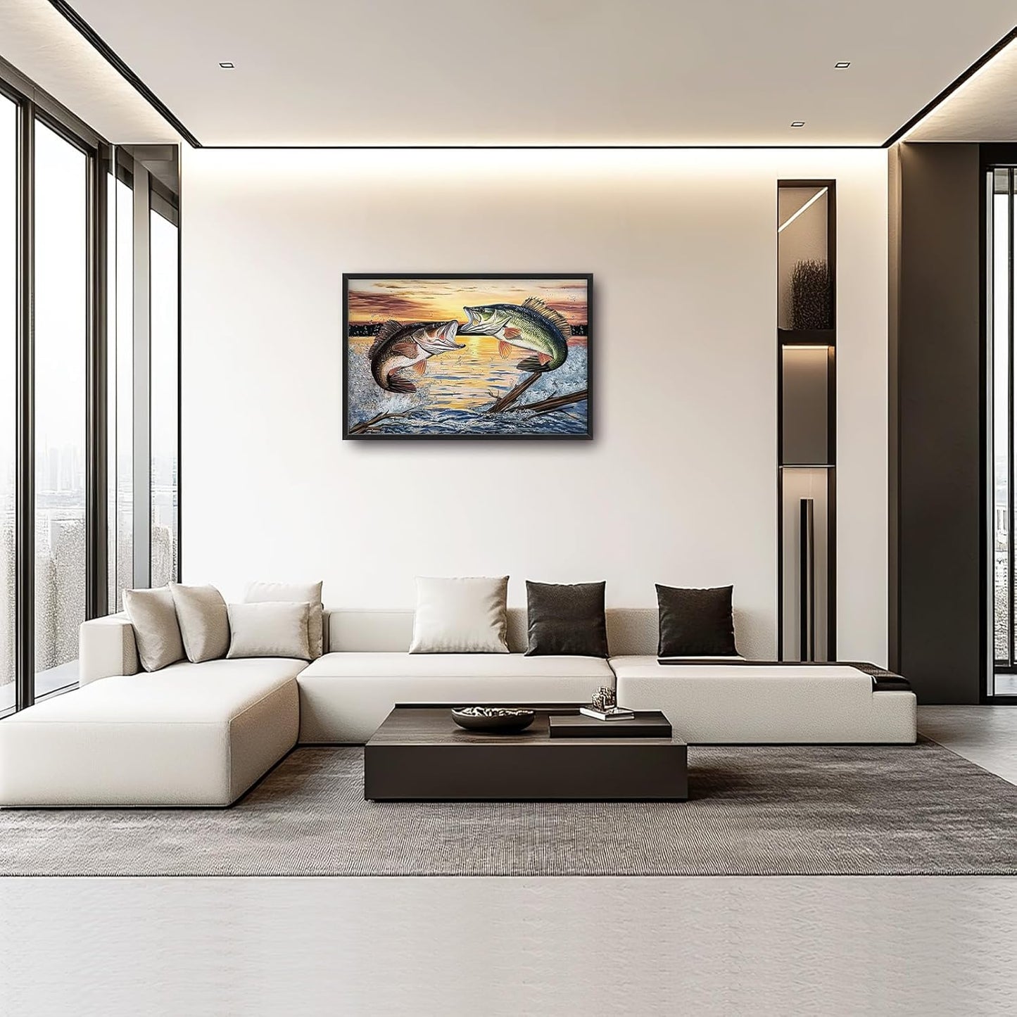 Large Fish Wall Art for Living Room, Framed Bass Fishing Wall Decor, Oversized Rustic Sunset Lake Canvas Painting Fish Pictures Modern Artwork Home Decoration for Living Room Bedroom Office 36"x24"