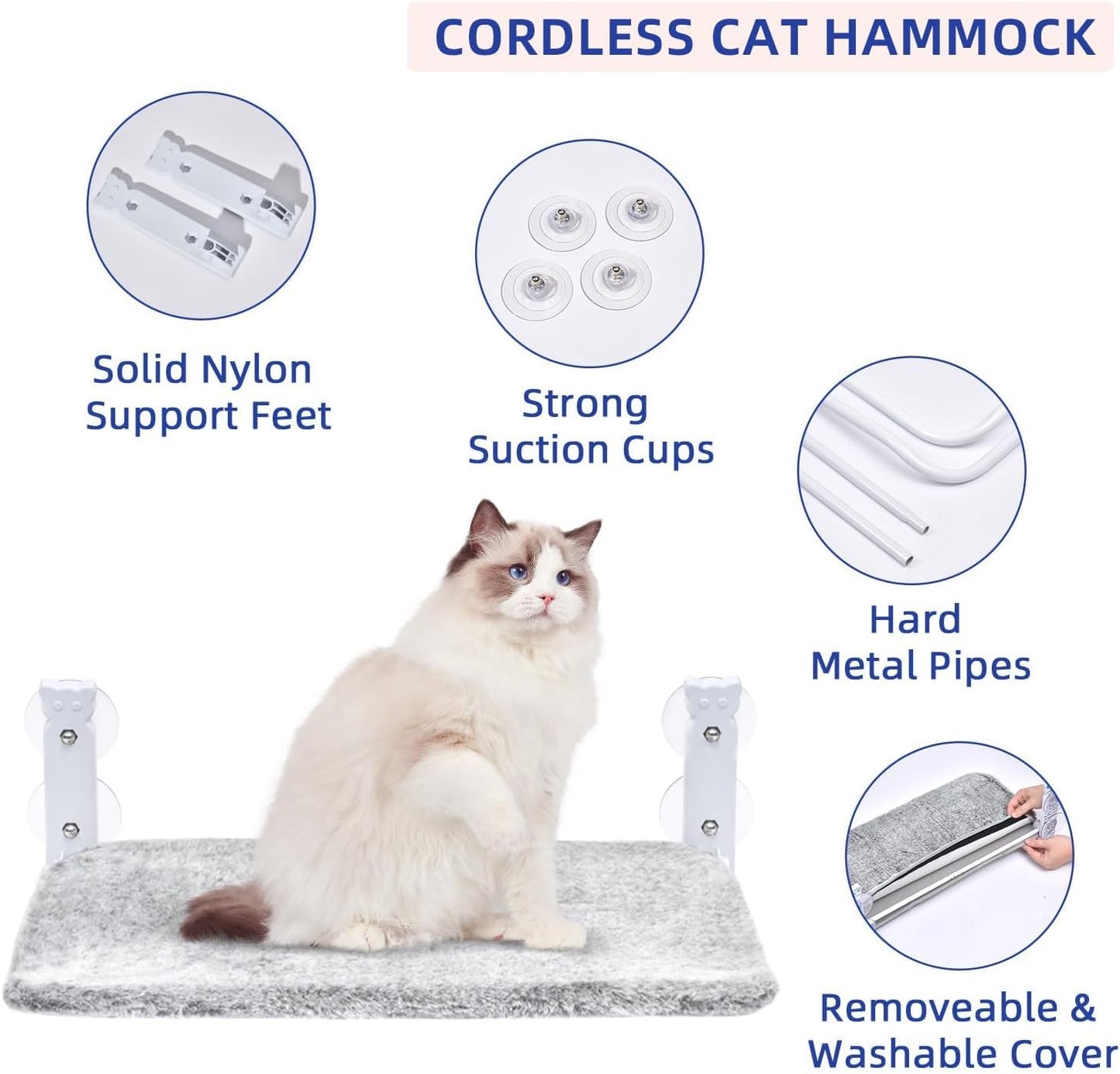 pettycare Cat Window Perch, Cordless Cat Window Hammock Bed with 4 Strong Suction Cups, Foldable Kitten Balcony Seat for Inside Hold Up to 40lbs, Solid Metal Frame and Soft Reversible 2 Fabrics Cover