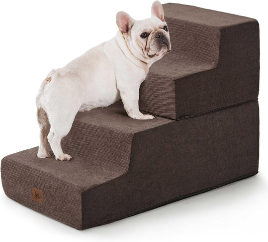 Dog Stairs for High Bed, Dog Steps for Bed Couch Sofa, 35D Foam Extra Wide Pet Steps for Small Dogs and Cats, Pet Stairs with Non-Slip Bottom Brown, 4 Steps