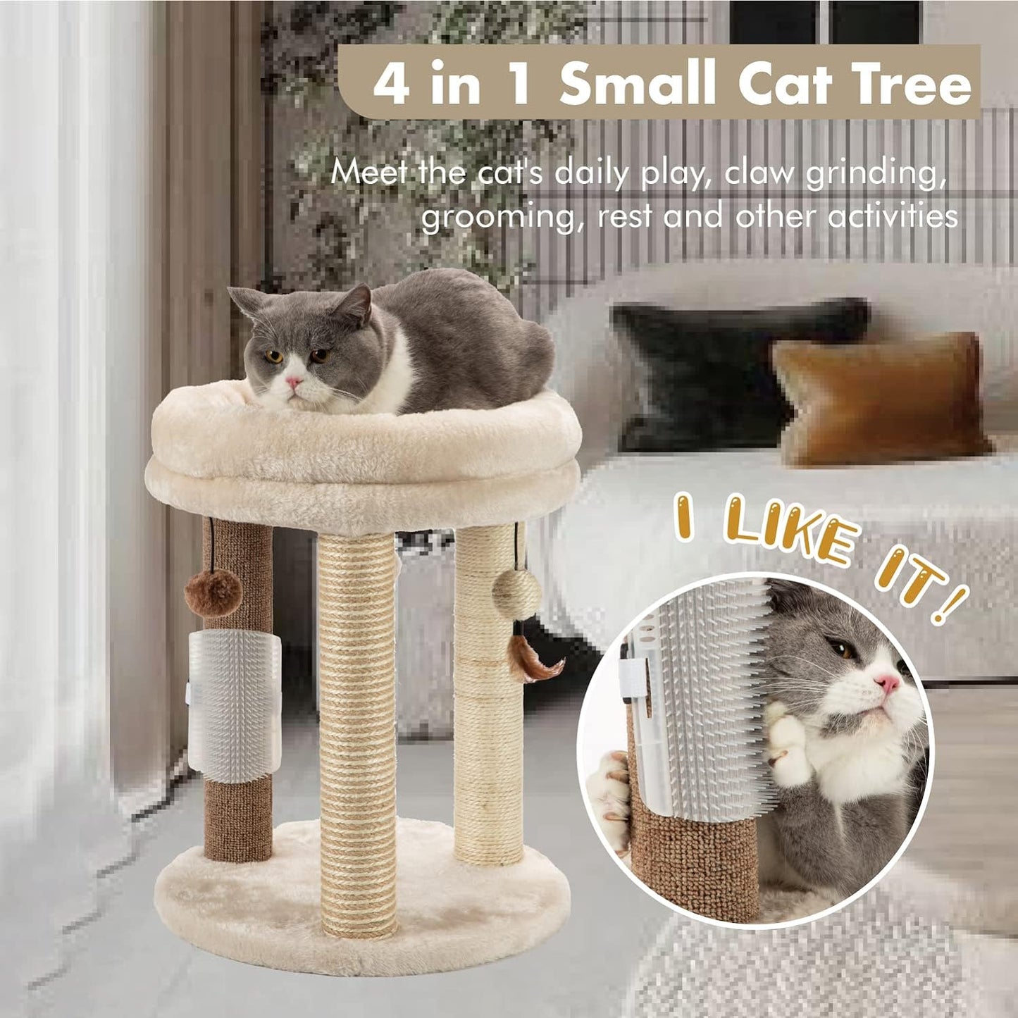MECOOL 4in1 Small Cat Tree,Scratching Post with Tower Soft Bed, Sisal Carpet Jute Posts with Three Hanging Ball Toys and Massage Brush for Indoor Cats and Kittens