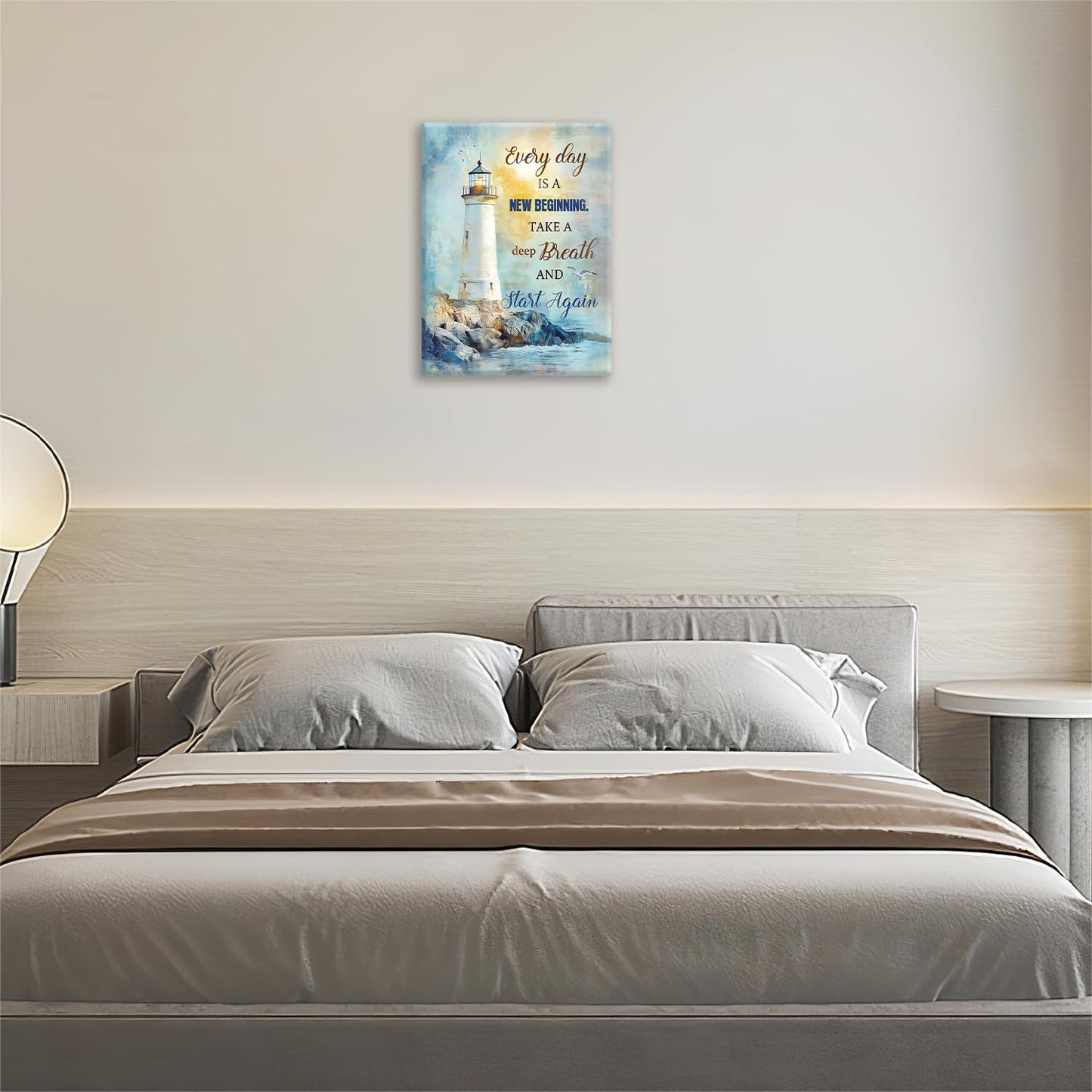 Ocean Lighthouse Pictures Wall Art, Coastal Nautical Bathroom Wall Decor Every Day is a New Beginning Motivational Quote Framed Painting Canvas Artwork for Bedroom Living Room Decorations 16"L x 12"W