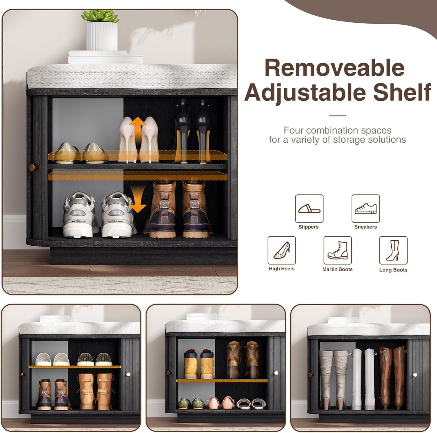 Dark Grey 39.4" W 2-Tier Shoe Bench with Storage | Entryway Bench with Padded Cushion, Sliding Doors & 5 Hooks