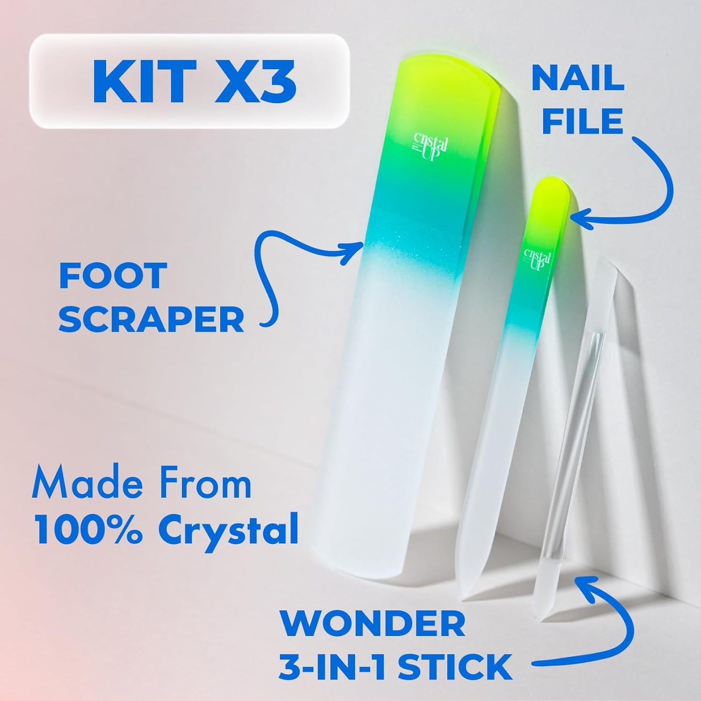 Starter Crystal Care Set - 3PC Includes Glass Foot Scraper, Medium Crystal File, and Cuticle Stick for Natural Nails, Glass File Kit