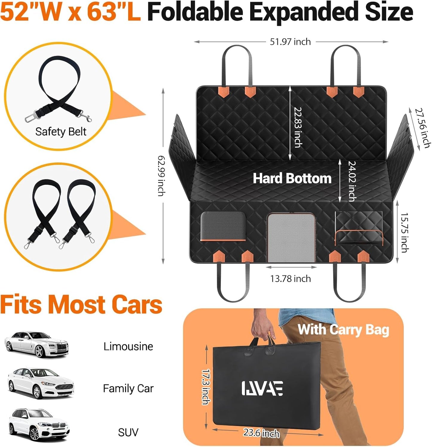 Hard Bottom Car Seat Cover for Dogs,Waterproof Dog Seat Cover for Back Seat Extender,Scratch-Proof and Anti-Slip Car Dog Hammock for Large Dogs SUV,Black(Holds 500 Lbs)