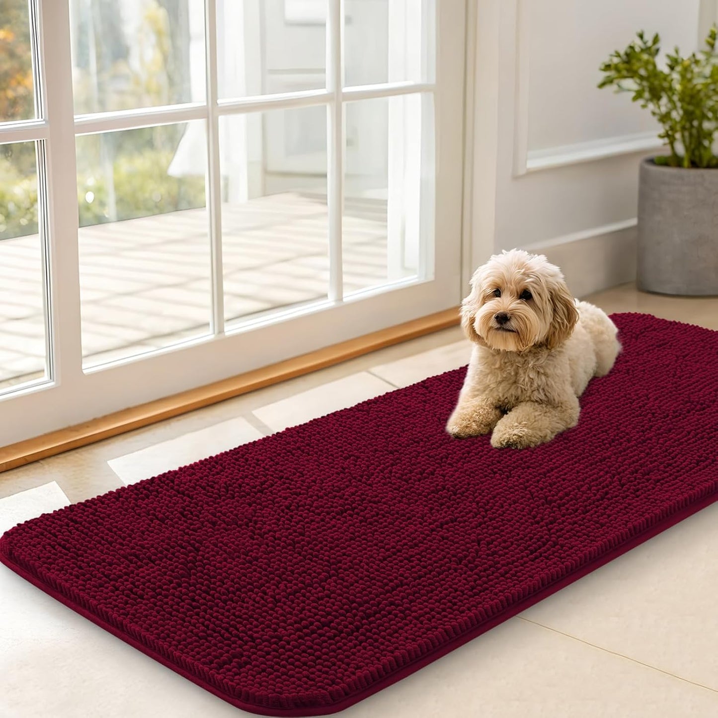OLANLY Dog Door Mat for Muddy Paws 47x20, Absorbs Moisture and Dirt, Absorbent Non-Slip Washable Doormat, Quick Dry Chenille Mud Mat for Dogs, Entry Indoor Entryway Carpet for Inside Floor, Burgundy