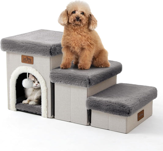 Dog Stairs for Small Dogs with Storage and Condo, 14" H Foldable Pet Stairs for Small Medium or Puppy Dogs and Older Cats, Dog Steps for Bed or Couch, 13x27x14 inch, 3 Tiers, Grey
