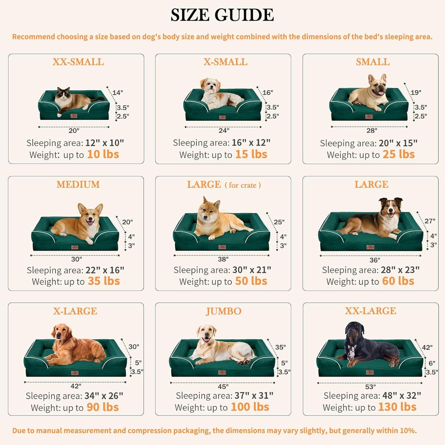 Comfort Expression Extra Large Dog Beds Jumbo Breed, Orthopedic Dog Bed Waterproof, PV Washable Pet Sofa Couch with Removable Cover & Non-Slip Bottom(Jumbo,Emerald)