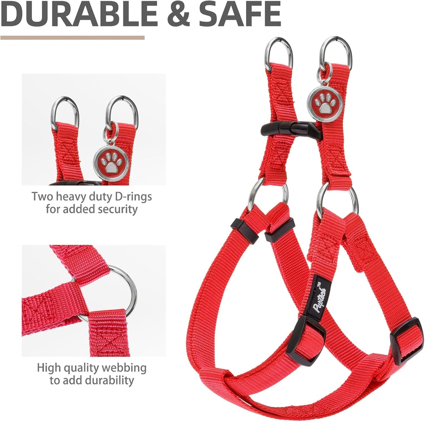 PUPTECK No Pull Dog Harness Soft Adjustable Basic Nylon Step in Puppy Vest Outdoor Walking with ID Tag Medium Red