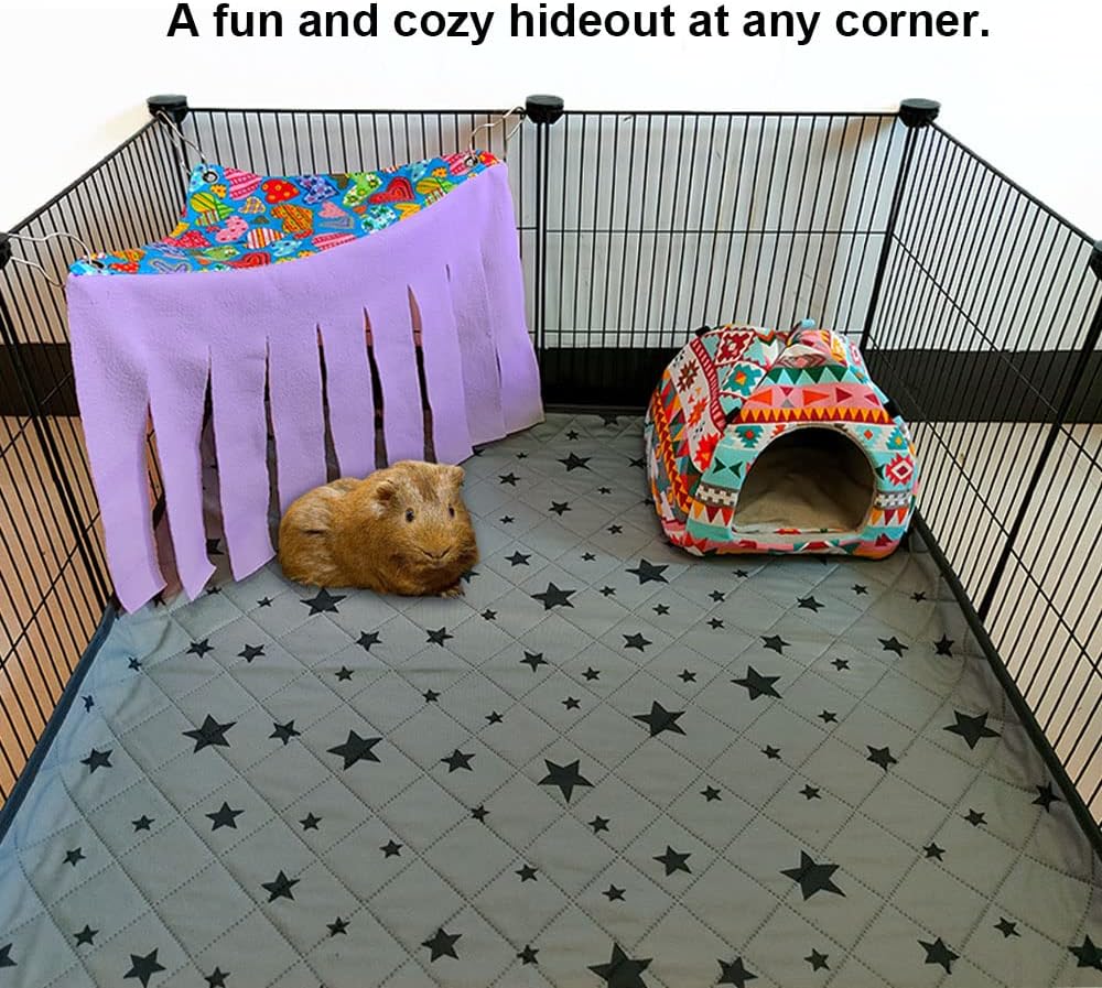 RIOUSSI Guinea Pig Hideout Hideaway Corner Fleece Toys Cage Accessories with Reversible Sides, Heart/Gray-Purple